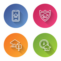 Set line Online real estate, House with shield, dollar and Time is money. Color circle button. Vector