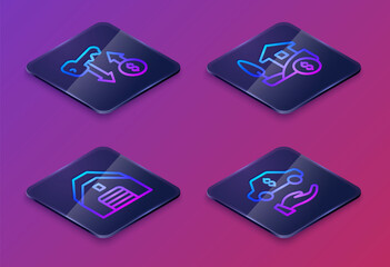 Set Isometric line Rent key, Garage, House with dollar and Car rental. Blue square button. Vector
