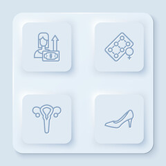 Set line Money growth woman, Packaging of birth control pills, Female reproductive system and Woman shoe. White square button. Vector