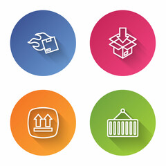 Set line Carton cardboard box, This side up and Container crane. Color circle button. Vector