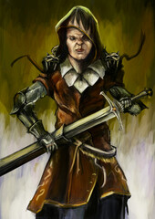 A young hooded warrior is holding a two-handed sword. He is wearing a brown cape with a white collar and animal skulls on his shoulders.There is a green magic light in the background.2d art