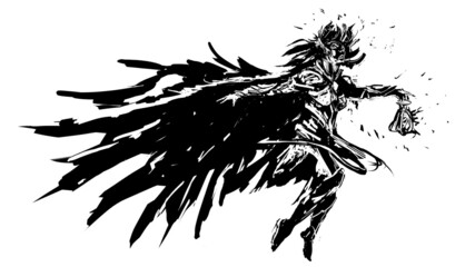 A dirty sketch of a tattoo.Black and white image of a silhouette of an angel girl with a huge wing in armor.her hair is blowing in the wind, and she holds a magic lantern in her hand. 2d art