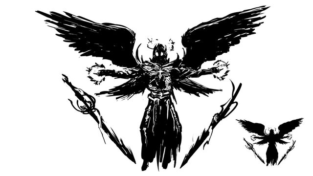 A dirty sketch of a tattoo.A black-and-white image of an angel silhouette with huge wings and armor made of bones. magic is coming out of his hands and sharp magic swords are floating.2d art