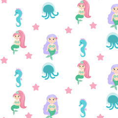 Little cute mermaid pattern on a white background. Mermaid cartoon vector pattern. Cute mermaid vector pattern on a white background. Children's pattern.