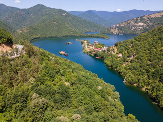Fototapeta na wymiar Aerial view of Vacha (Antonivanovtsi) Reservoir, Bulgaria