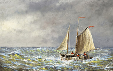 Fototapeta na wymiar Oil paintings landscape, fisherman, ships, sea landscape, sailing boat on the sea. Fine art, masterpiece