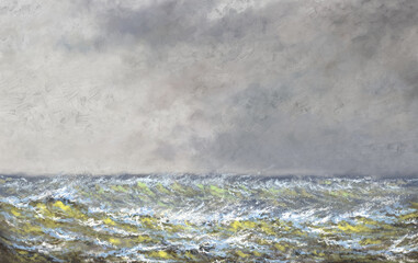 Oil paintings landscape, misty morning on the sea