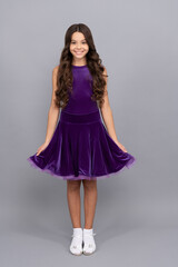 dancing school. full length of kid with curly hair. beauty and fashion. childhood.