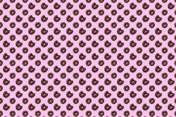 Black bited donuts with red glaze on pink background seamless pattern top view. Food dessert flatly flat lay of delicious sweet nibbles chocolate donuts