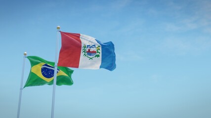 Waving flags of Brazil and the Brazilian state of Alagoas against blue sky backdrop. 3d rendering