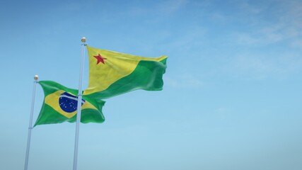 Waving flags of Brazil and the Brazilian state of Acre against blue sky backdrop. 3d rendering