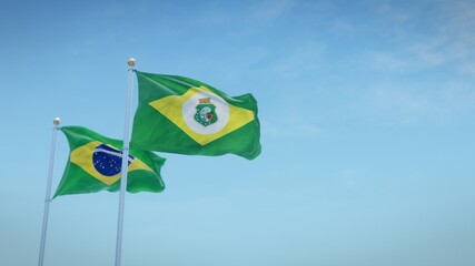 Waving flags of Brazil and the Brazilian state of Ceará against blue sky backdrop. 3d rendering