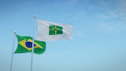 Waving flags of Brazil and the Brazilian state of Distrito Federal against blue sky backdrop. 3d rendering