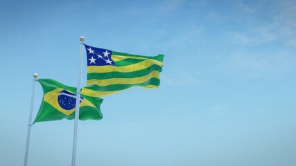 Waving flags of Brazil and the Brazilian state of Goiás against blue sky backdrop. 3d rendering
