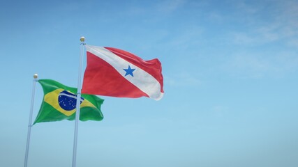 Waving flags of Brazil and the Brazilian state of Pará against blue sky backdrop. 3d rendering