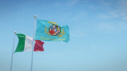 Waving flags of Italy and the Italian region of Lazio against blue sky backdrop. 3d rendering