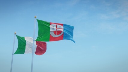 Waving flags of Italy and the Italian region of Liguria against blue sky backdrop. 3d rendering