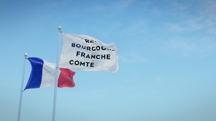 Waving flags of France and the regional logo of Bourgogne-Franche-Comté against blue sky backdrop. 3d rendering