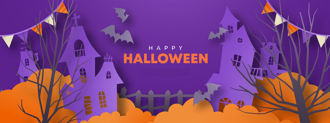 Happy Halloween web template paper cut illustration of creepy haunted house with bats in 3d papercut art style. Scary abandoned mansion design for party invitation or celebration event.