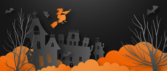 Creepy paper cut haunted house background. Scary abandoned buildings with bats, witch and empty copy space in 3d papercut art style. Halloween celebration concept, origami horror scene at night.