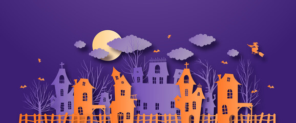 Creepy paper cut haunted house village, scary abandoned gothic buildings with bats and witch in 3d papercut art style. Halloween celebration concept, origami horror scene at night.