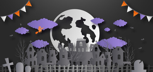 Creepy paper cut haunted house village, scary abandoned gothic buildings with bats and witch in 3d papercut art style. Halloween celebration concept, origami horror scene at night.