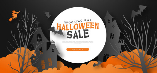 Halloween sale template paper cut illustration of creepy haunted house with bats and witch in 3d papercut art style. Scary abandoned mansion design for online business promotion or web discount.