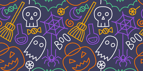 Colorful halloween party seamless pattern. Funny cartoon line doodle background illustration of scary autumn celebration decoration and childish shapes. 