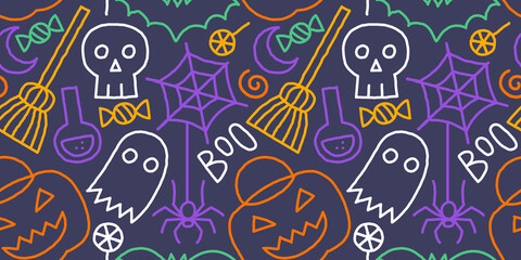Colorful halloween party seamless pattern. Funny cartoon line doodle background illustration of scary autumn celebration decoration and childish shapes. 