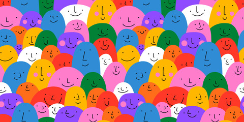 Fototapeta Diverse colorful people crowd seamless pattern illustration. Multi color rainbow cartoon characters in funny children doodle style. Friendly community or kid group background concept. obraz