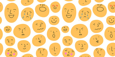Diverse people crowd seamless pattern illustration. Expressive cartoon character faces in funny children doodle style. Human emotion or psychology concept background concept.