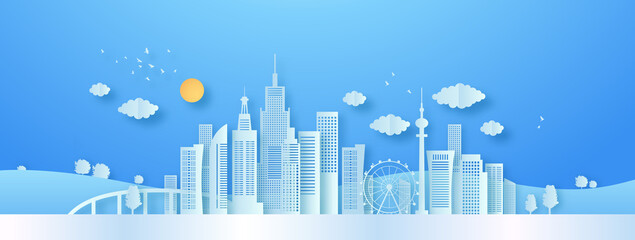 Big papercut city landscape illustration with modern  architecture skyscraper tower and urban buildings. Sunny day panorama of downtown cityscape in 3d paper cut art style. © Dedraw Studio