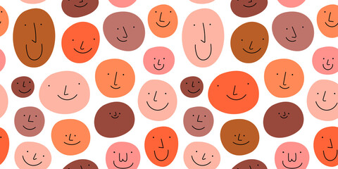 Diverse people crowd seamless pattern illustration. Multi ethnic cartoon character faces in funny children doodle style. Friendly community or diversity background concept.