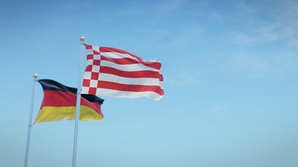 Waving flags of Germany and the German state of Bremen against blue sky backdrop. 3d rendering