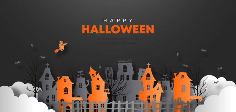 Happy Halloween paper cut illustration of creepy haunted house, bats and witch in 3d papercut art style. Scary abandoned mansion web template background with copy space. 