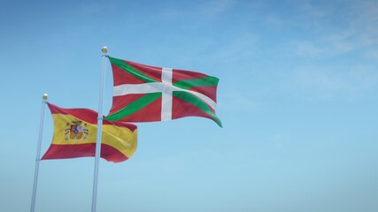 Fototapeta premium Waving flags of Spain and the autonomous community of Basque Country against blue sky backdrop. 3d rendering