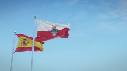 Waving flags of Spain and the autonomous community of Cantabria against blue sky backdrop. 3d rendering