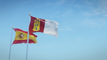 Waving flags of Spain and the autonomous community of Castilla-La Mancha against blue sky backdrop. 3d rendering