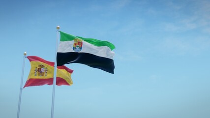 Waving flags of Spain and the autonomous community of Extremadura against blue sky backdrop. 3d rendering