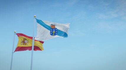 Waving flags of Spain and the autonomous community of Galicia against blue sky backdrop. 3d rendering