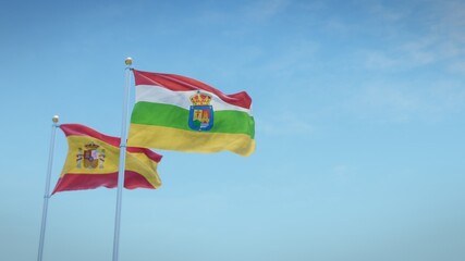 Waving flags of Spain and the autonomous community of La Rioja against blue sky backdrop. 3d rendering