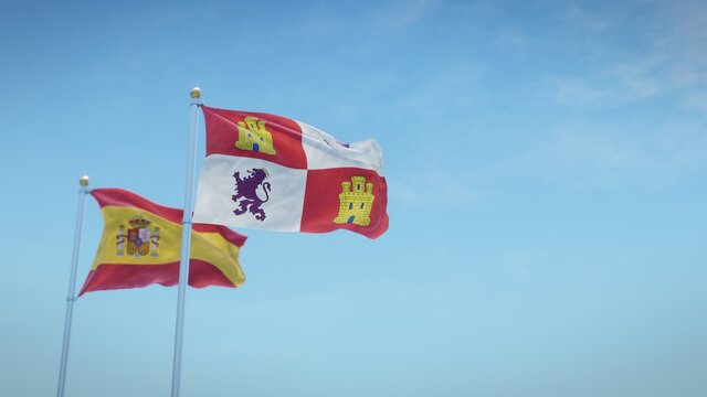 Waving flags of Spain and the autonomous community of Castile and L&eacute;on against blue sky backdrop. 3d rendering