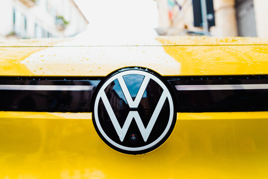 Valencia, Spain - October 1, 2021: Volkswagen logo on the hood of a car, the world's leading car manufacturer.