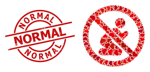 Distress Normal stamp, and red love heart collage for forbid praying man. Red round stamp seal includes Normal tag inside circle. Forbid praying man collage is done from red wedding elements.