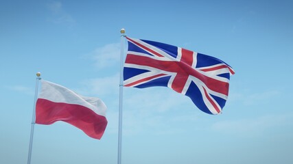 Flags of Poland and the UK against blue sky backdrop. 3d rendering