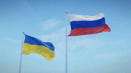 Flags of Ukraine and Russia against blue sky backdrop. 3d rendering