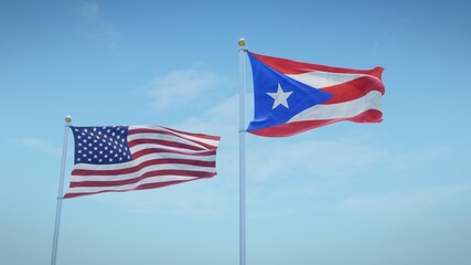 Obraz premium Flags of the USA and Puerto Rico against blue sky backdrop. 3d rendering