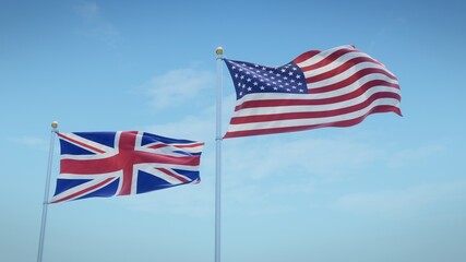 Fototapeta premium Flags of the UK and the USA against blue sky backdrop. 3d rendering