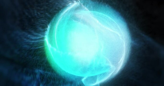 Swirling sphere with particle ejection from all direction. Plasma energy orb with chaotic motion. Science, Sci-Fi energetic background. Abstract glowing sphere. 4K seamless loop isolated on black