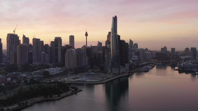 City of Sydney Darling Harbour waterfront with Barangaroo towers &ndash; aerial 4k.
